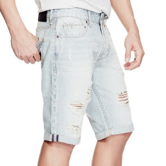 New GUESS Slim Destroyed Striped Men's Short SZ 32 - Picture 2 of 8